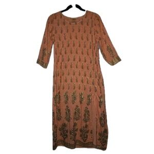 Aurelia Straight Kurta Dress Orange Gold Printed 3/4 Sleeve Womens XL India Asia